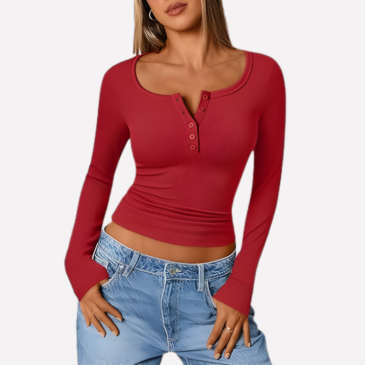 Classic women's long sleeve henley top with a flattering ribbed knit, perfect for casual winter looks.