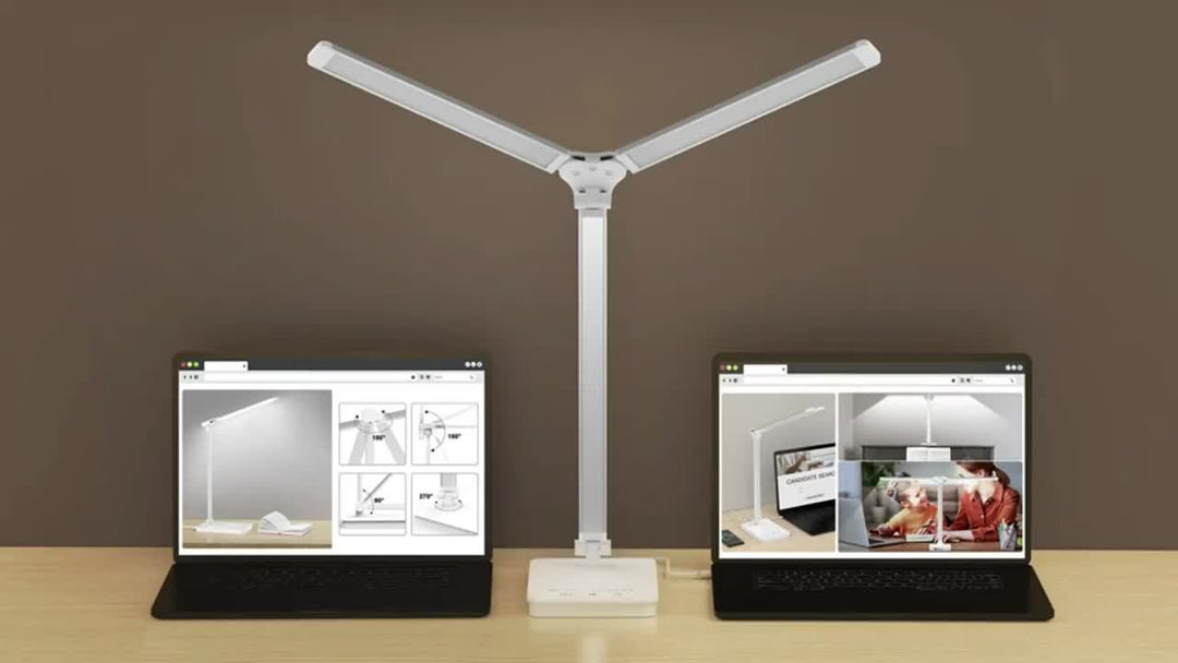 Stylish black LED desk lamp, angled view, highlighting its adjustable head & sleek touch control panel.