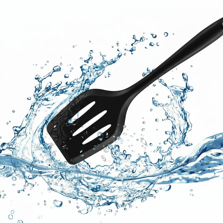 Complete 15-piece silicone kitchen utensil set laid out, including spatulas, ladles, & tongs for cooking.