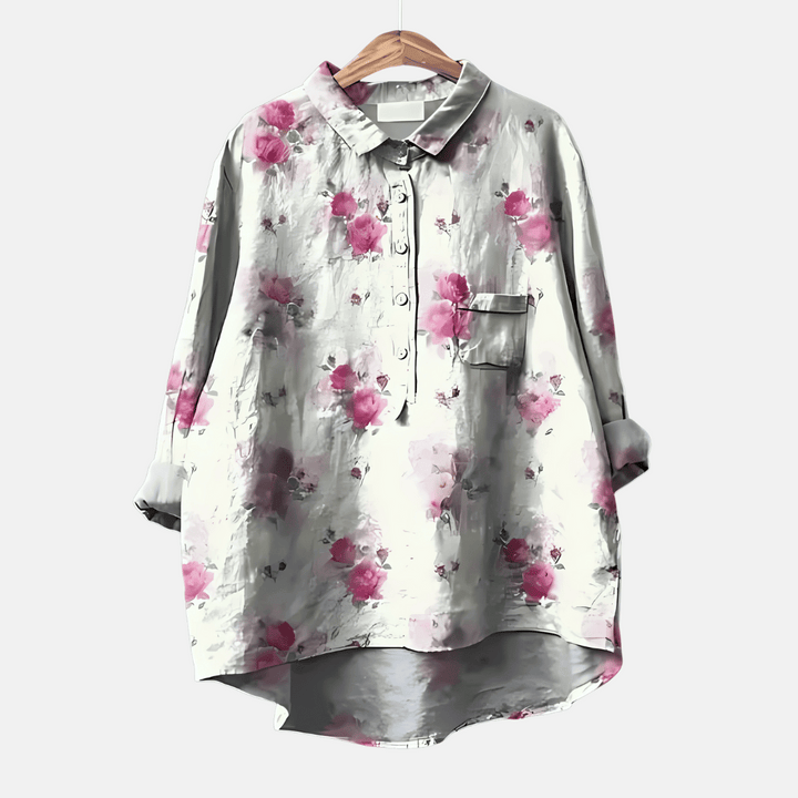 Women's floral button-front long sleeve blouse. Loose fit, perfect for spring fashion & summer style.