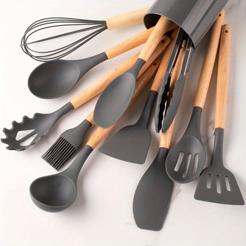 Stylish 12-piece silicone utensil set with natural wooden handles. Heat resistant kitchen tools.