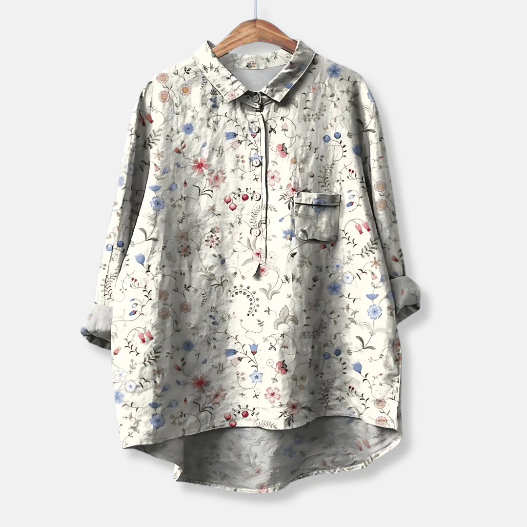 Casual women's floral long sleeve blouse with button front. Loose fit, great for effortless spring & summer style.