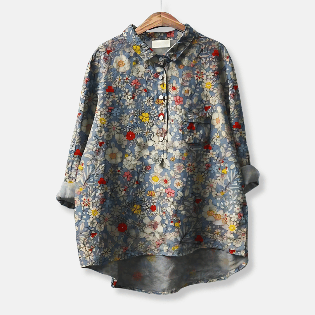 Long sleeve floral women's blouse, button-front. Loose fit, versatile for casual wear, office, spring/summer.