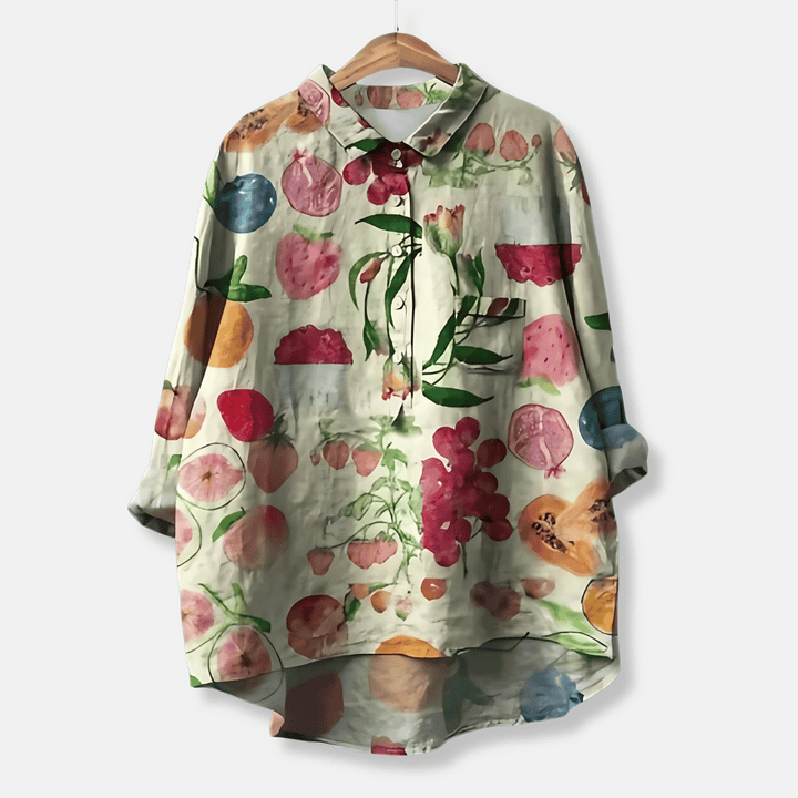 Women's button-front floral long blouse. Loose fit, elegant long sleeve top for spring, summer, and office wear.