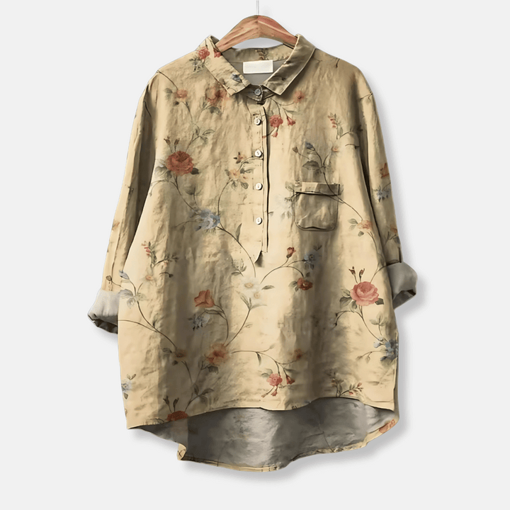 Spring/Summer women's floral long blouse. Button-front, loose fit, elegant & casual long sleeve top.
