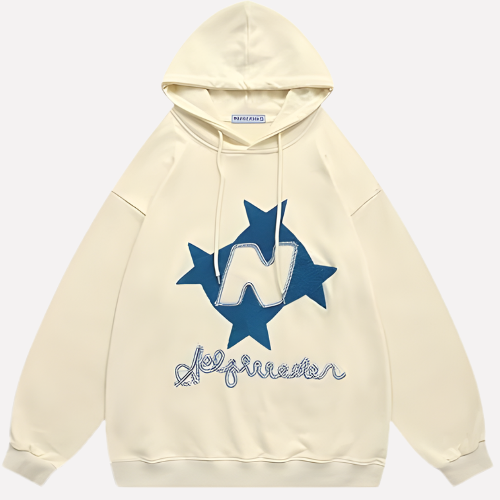 Long sleeve, oversized women's star graphic hoodie. Cozy, relaxed fit pullover for casual style.