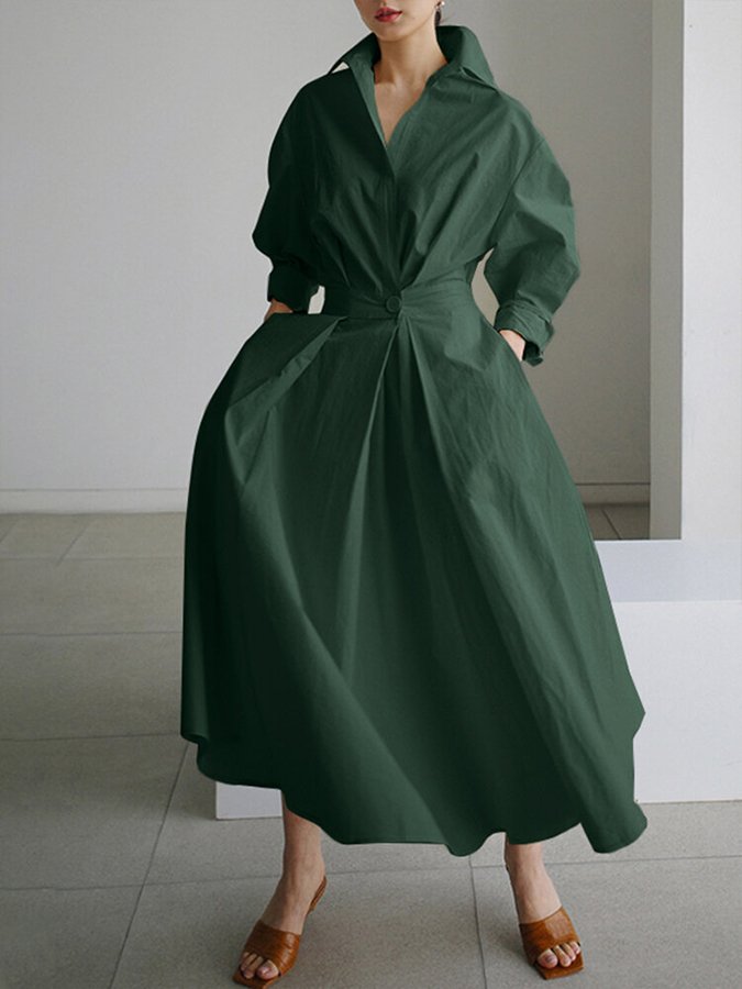 Elegant women's collared long sleeve midi dress, suitable for sophisticated casual wear, professional work, or events.