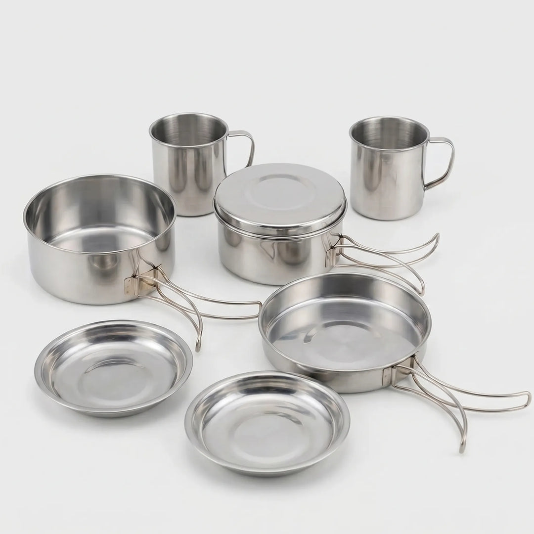 Compact 8-piece backpacking cookset, lightweight metal cookware for hiking and travel kitchen needs.