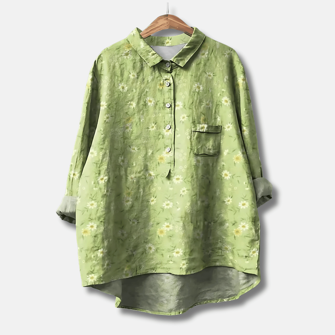 Flowy women's floral print long sleeve blouse. Button-front, loose fit, perfect casual or elegant spring/summer top.