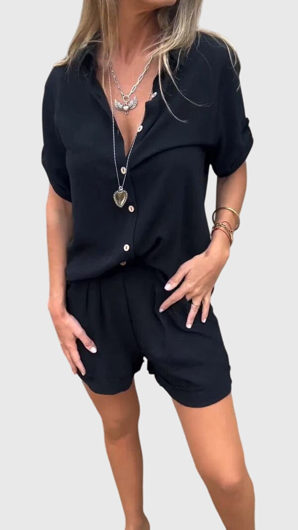 Versatile women's short sleeve two piece shorts set, great for summer casual wear, errands, or comfortable loungewear.