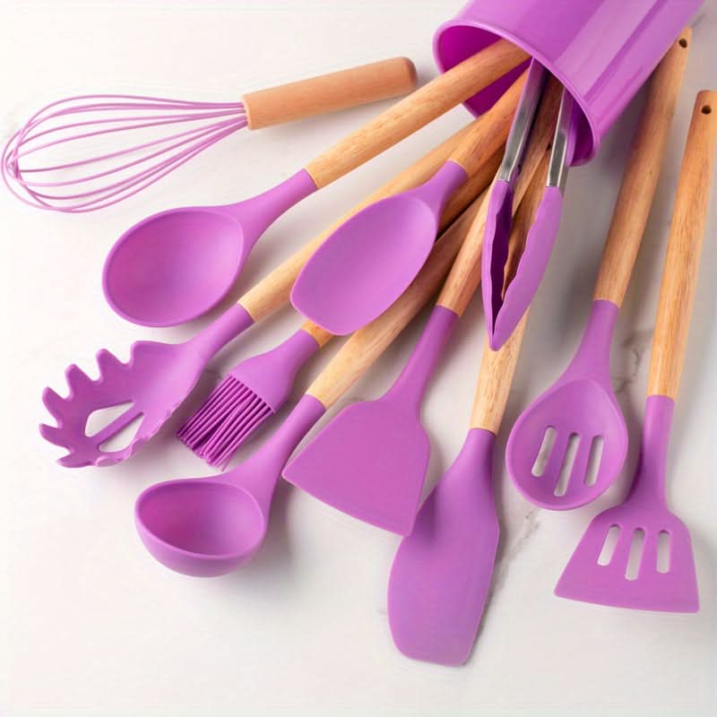 Premium 12-piece silicone cooking set, heat resistant, dishwasher safe, non-stick, wooden handles.