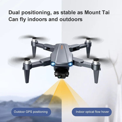 "8K HD dual camera drone in flight, featuring GPS navigation and compact foldable design for easy transport."