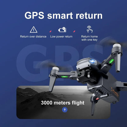 "8K HD dual camera drone in flight, featuring GPS navigation and compact foldable design for easy transport."