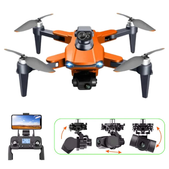 "8K HD dual camera drone in flight, featuring GPS navigation and compact foldable design for easy transport."