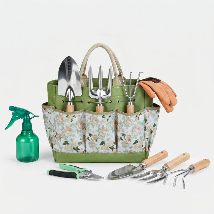 High-quality gardening kit for planting & weeding, featuring stainless steel tools with wooden handles and a convenient tote.