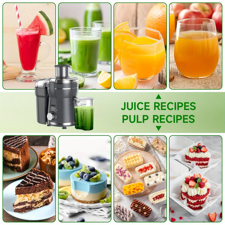 Electric fruit juicer extracting fresh juice. 500W power for delicious, healthy vegetable & fruit drinks.