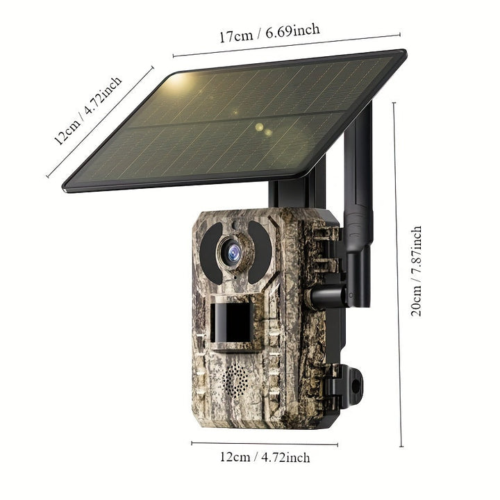 Weatherproof trail camera: 4K video, night vision, eco-friendly solar power for nature observation.
