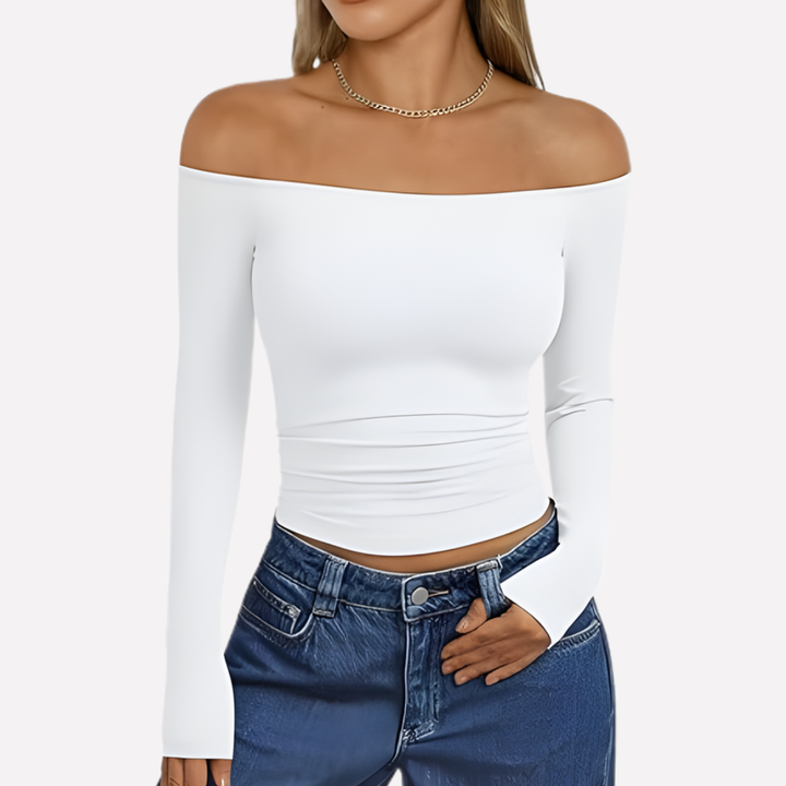 Modern women's off-shoulder long sleeve top, a versatile piece for stylish casual and going-out outfits.