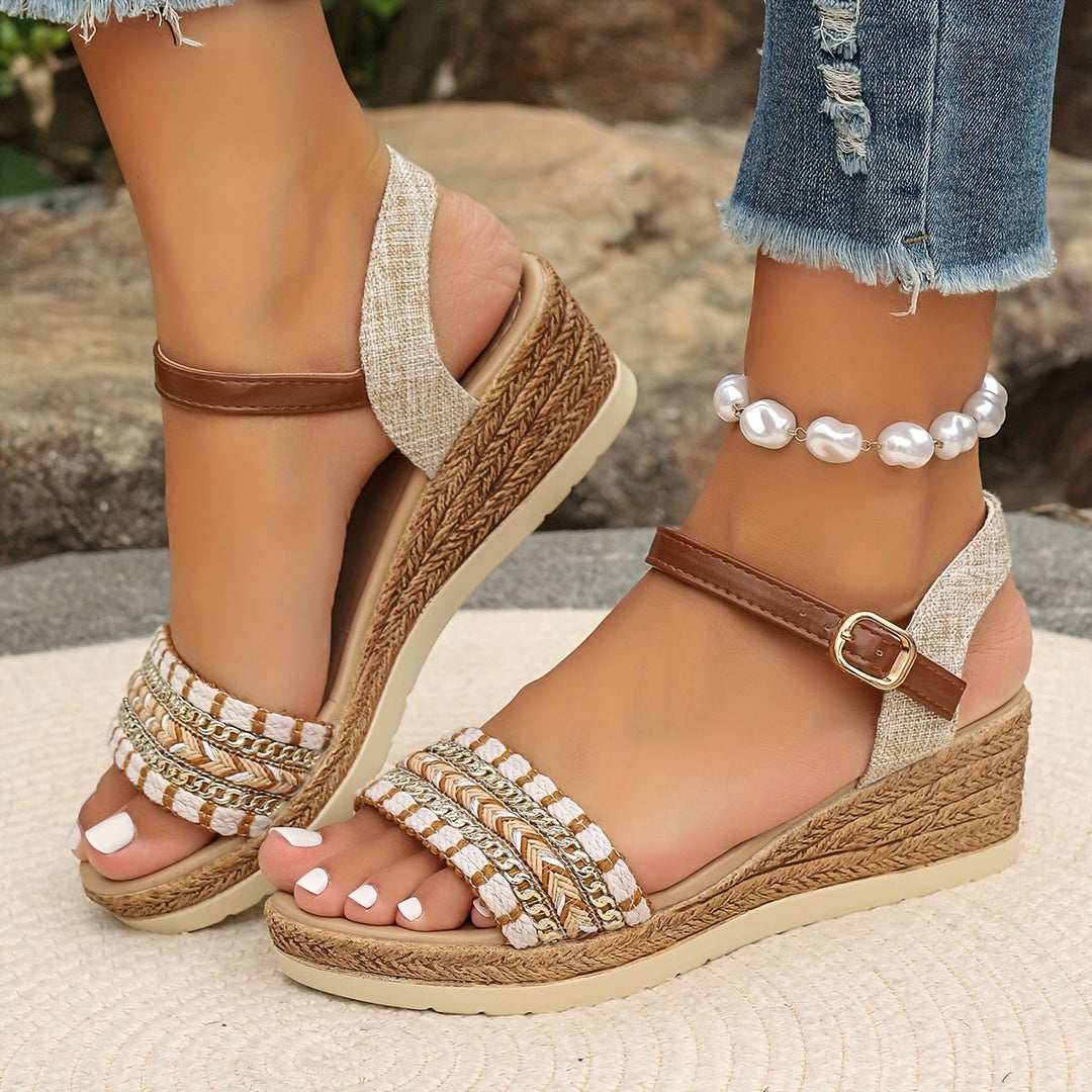 Women's casual elegant sandals with a comfortable wedge platform, closed toe & crossed design.
