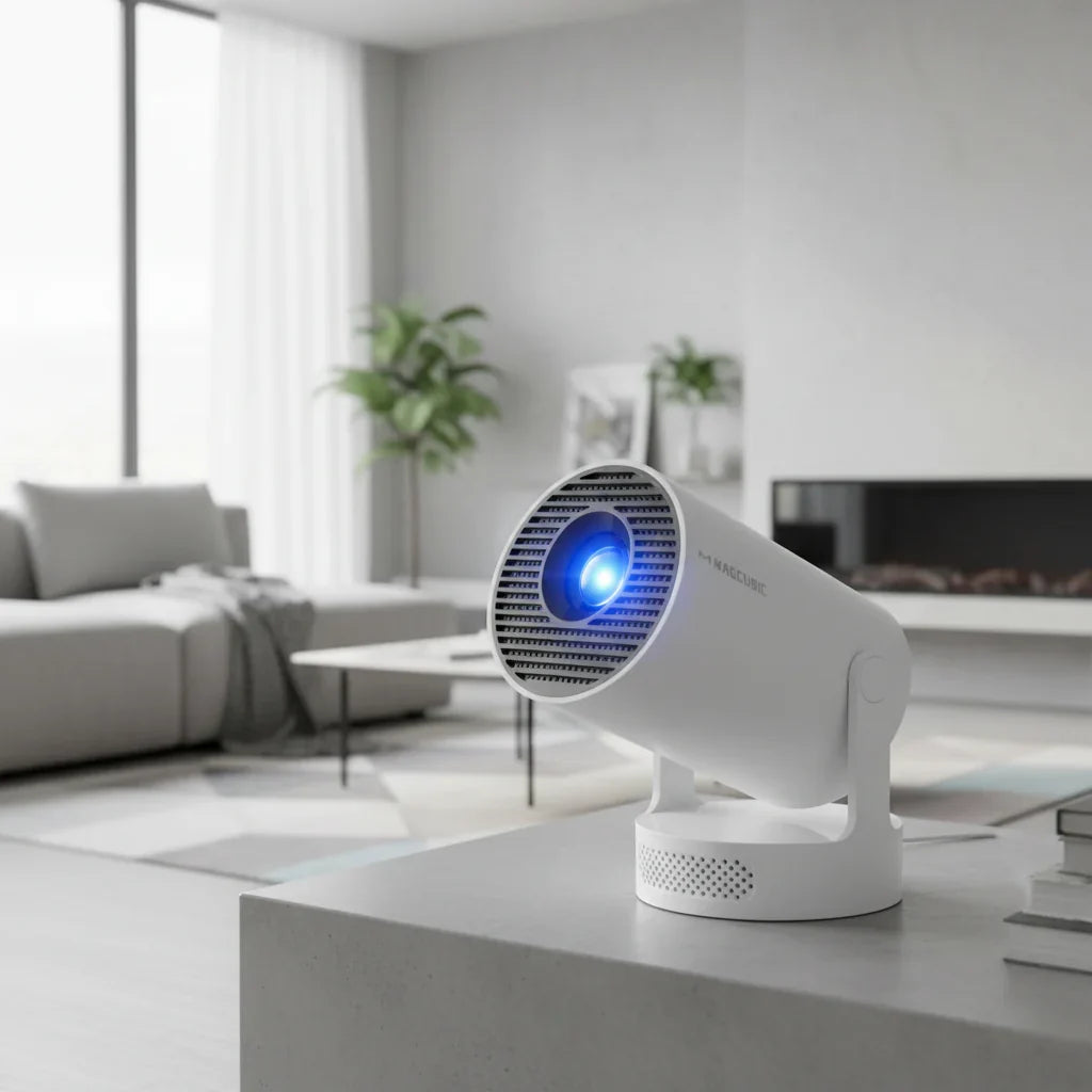 Compact smart projector, ideal for outdoor cinema, gaming, and travel entertainment.
