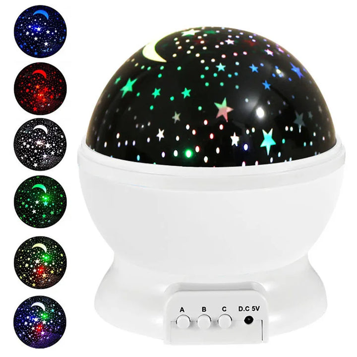 Soft glow of the children's star projector night light, transforming a bedroom into a tranquil starry galaxy.