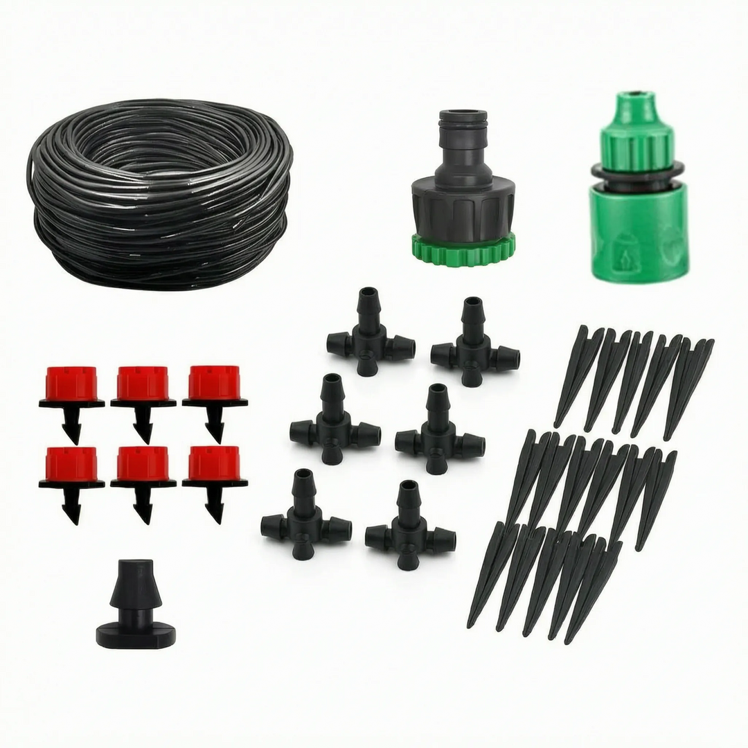 Water-saving adjustable micro drippers for irrigation of diverse garden plants and outdoor areas.