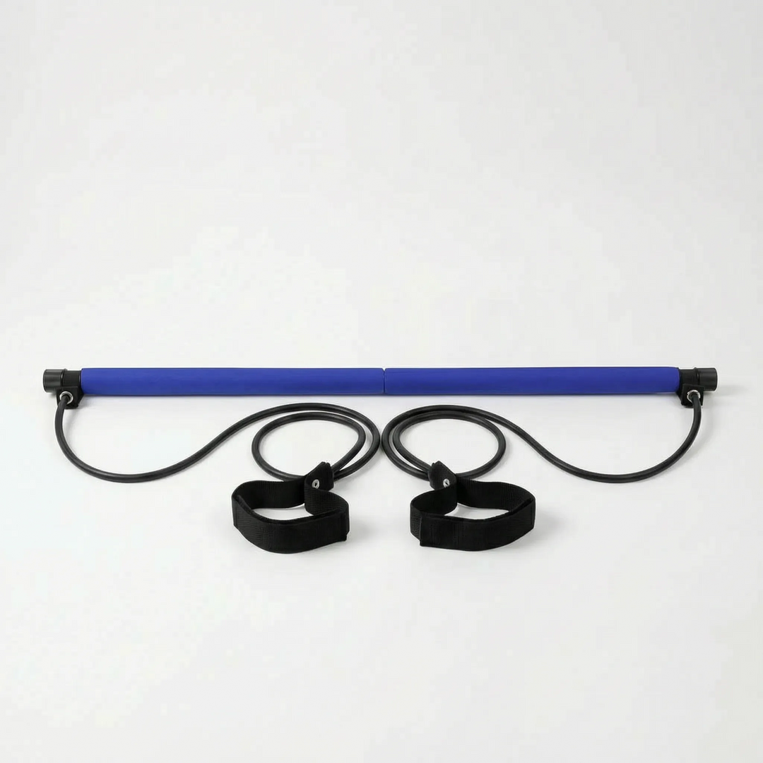 Unisex purple Pilates stick with resistance bands for home gym workouts. Versatile full body fitness.