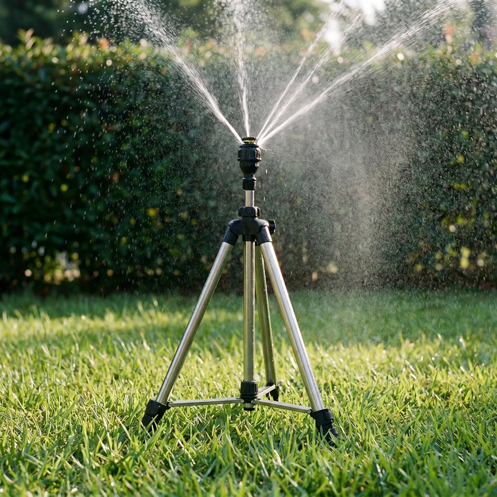 Adjustable tripod lawn sprinkler for large yards, featuring an elevated design and wide spray pattern for efficient watering.