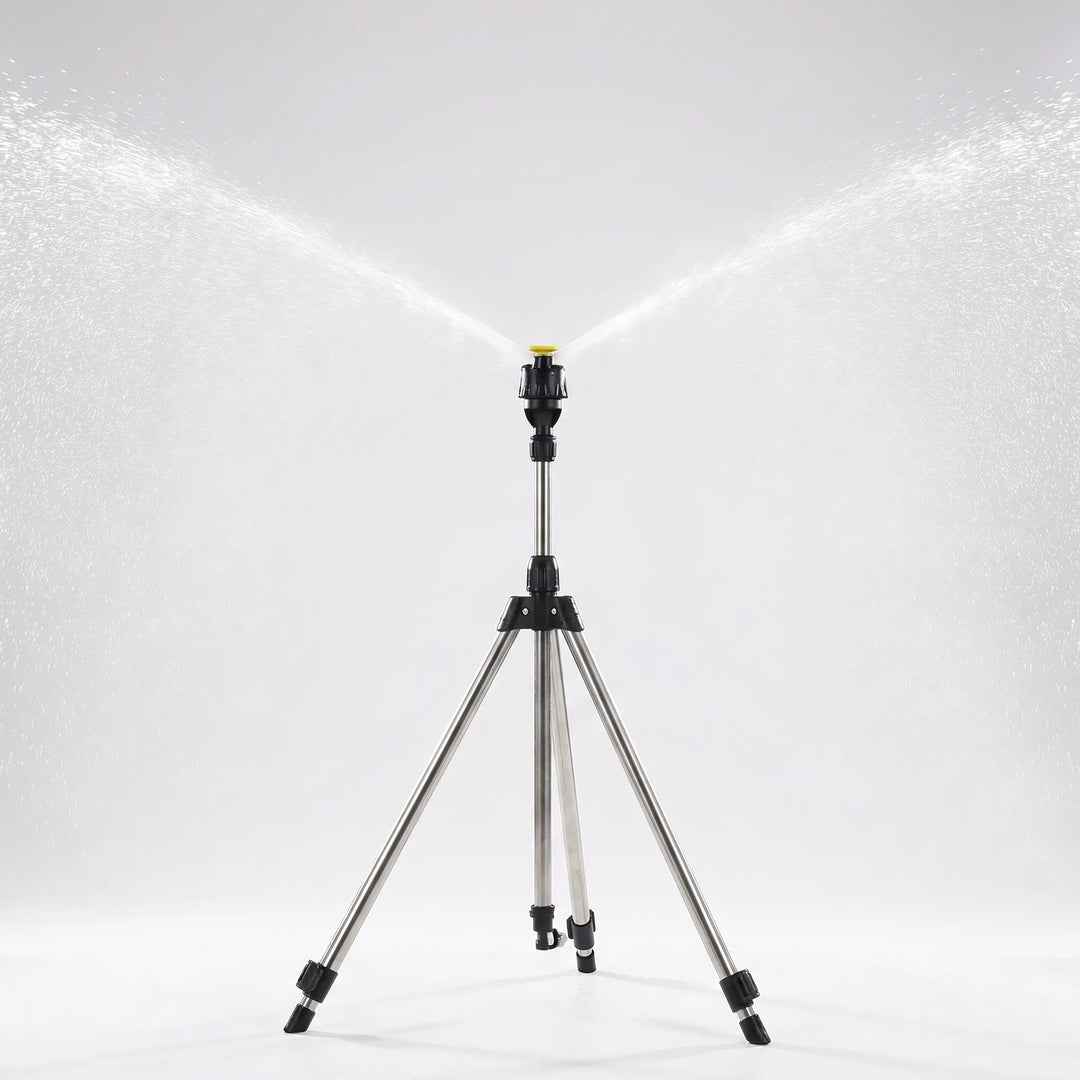 Heavy-duty adjustable tripod sprinkler for large yards, ensuring consistent irrigation and even water distribution.