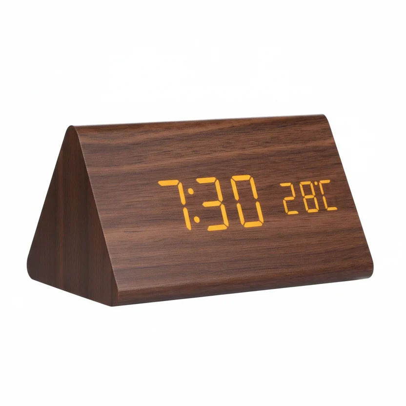 Wooden look LED digital alarm clock with temperature display and adjustable brightness for modern home decor.