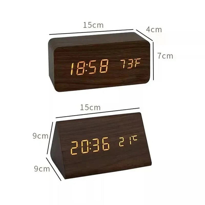 Stylish wooden look LED alarm clock, a perfect gift for modern home decor lovers with smart tech.