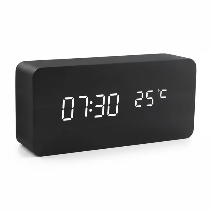 Elegant wooden style LED digital alarm clock with multiple alarms and a sleek, modern design.