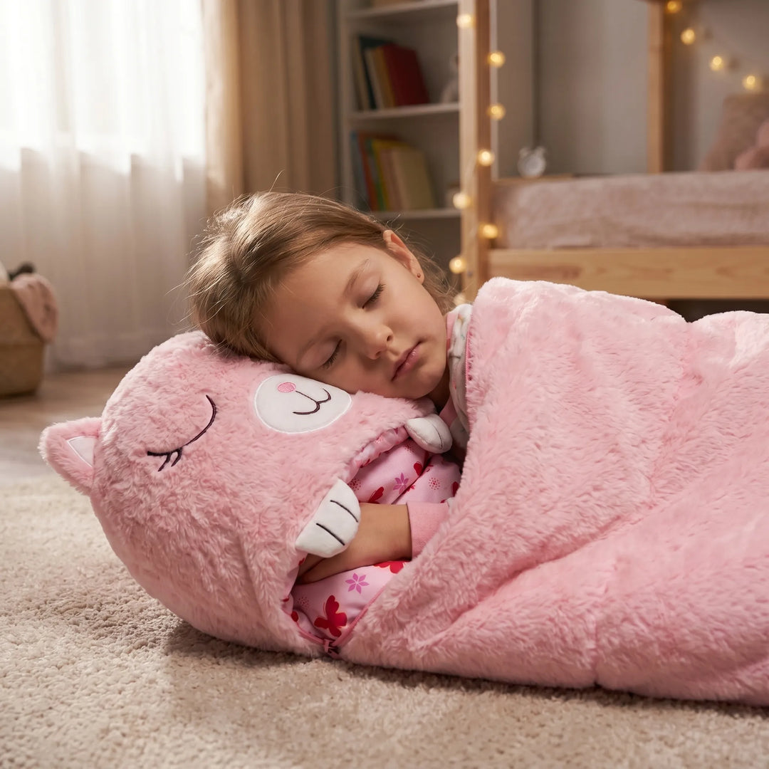 Kids' plush animal sleeping bag & pillow for cozy sleep, a soft children's travel bed.