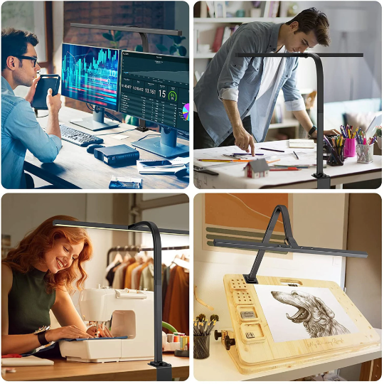 Contemporary LED desk lamp with adjustable arm & dimmable light, perfect for office, studio, or reading. Modern design.