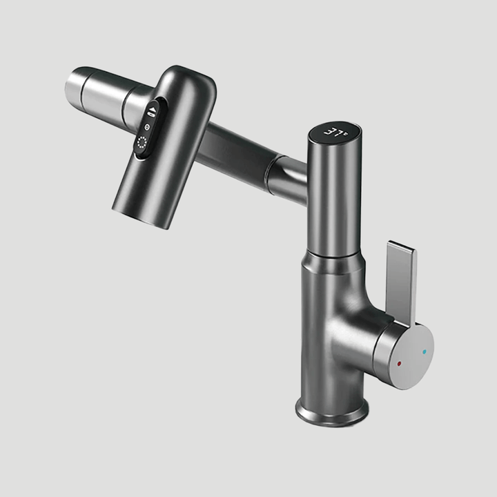 Advanced 360° swivel water tap with LED screen for precise temperature control in kitchen or bath.