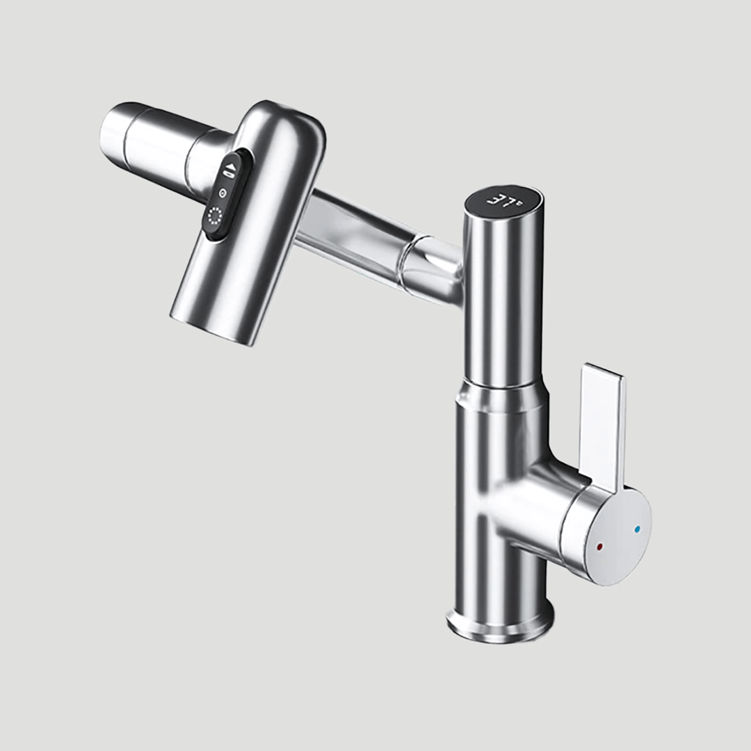Sleek chrome smart faucet, perfect for kitchen or bathroom, offering 360° swivel & LED temp display.