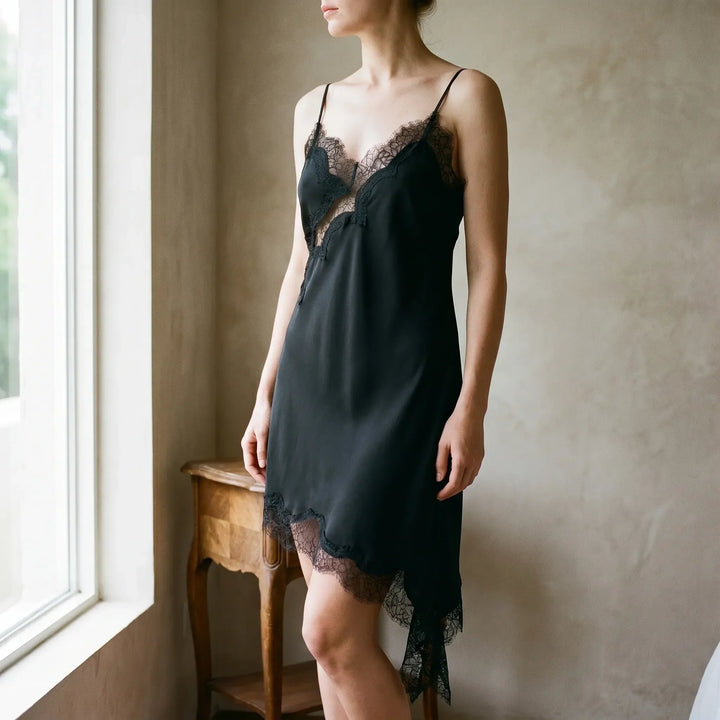 Women's elegant asymmetric lace slip dress with V-neck, perfect for glamorous evening parties.