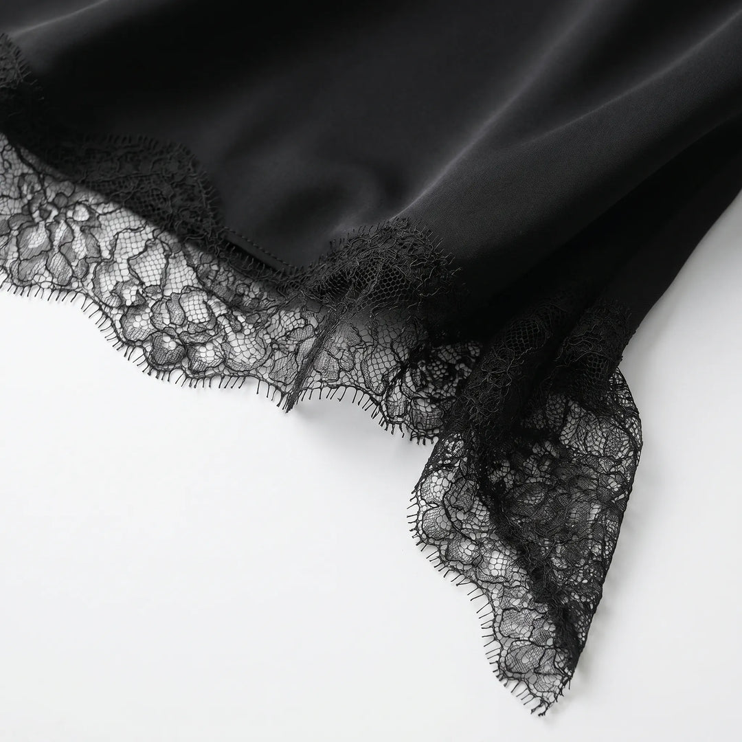 Stylish women's formal V-neck slip dress with an asymmetric lace design, ideal for evening events.