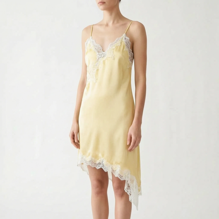 Women's sophisticated evening slip dress, sleeveless with a beautiful asymmetric lace trim.