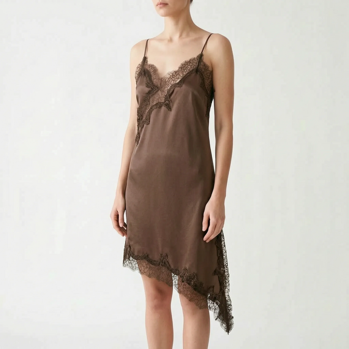 Elegant women's V-neck slip dress, sleeveless with an asymmetric lace hem, designed for evening wear.