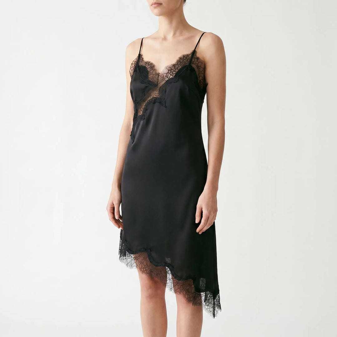 Women's flattering asymmetric lace slip dress, ideal for glamorous evening parties and special events.
