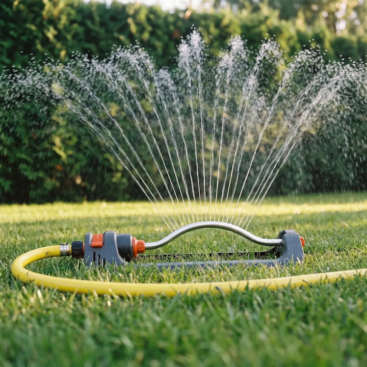 Automatic oscillating lawn sprinkler, an efficient water sprayer for even yard irrigation in home gardens.
