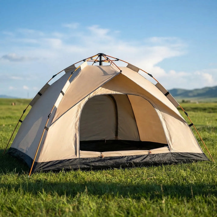 Automatic 4-person pop-up camping tent, quick-open design for easy setup, ideal for outdoor travel & beach.