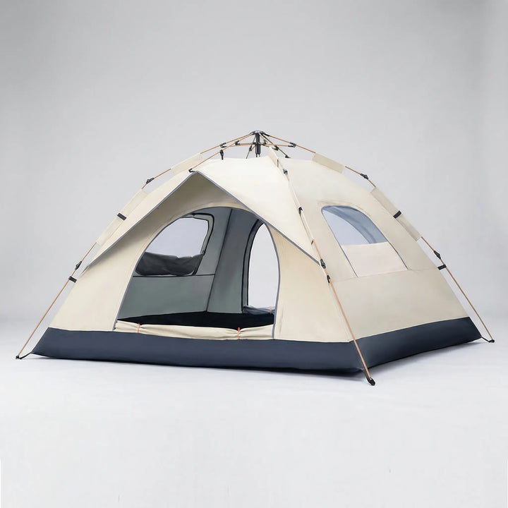 Spacious 4-person pop-up tent, automatic quick-open, water-repellent outdoor shelter for camping, beach & travel.