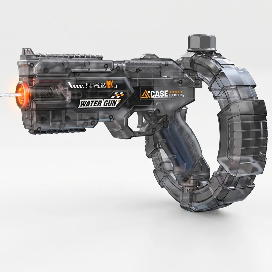 Automatic electric water blaster with vibrant light effects for exciting outdoor summer water play. Rechargeable watergun.