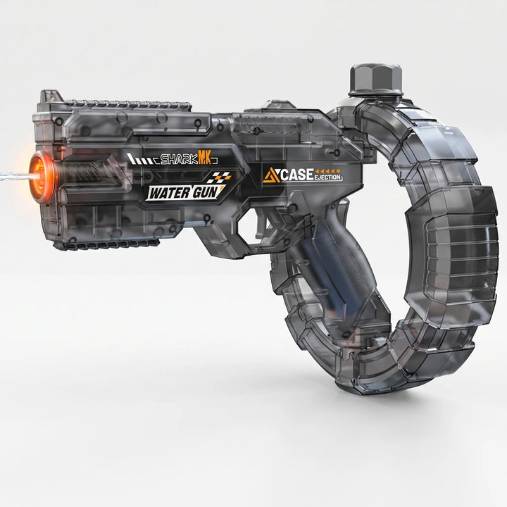 Automatic electric water blaster with vibrant light effects for exciting outdoor summer water play. Rechargeable watergun.