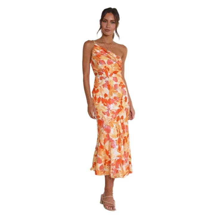 Delicate floral pattern on an elegant women's asymmetric midi dress. Perfect sleeveless choice.