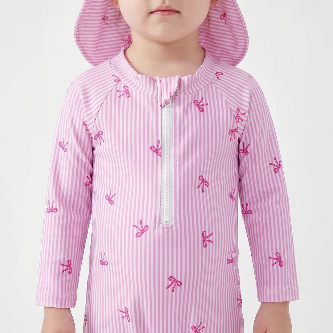 Cute girls' baby rash guard swimsuit & sun hat set, perfect for summer beach fun & pool days. Infant sun protection.