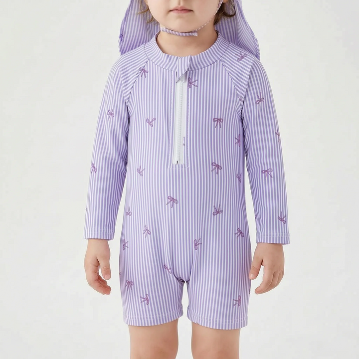 Girls' infant rash guard swimsuit & sun hat set for ultimate sun protection. Long sleeve baby swimwear with striped & bow print.