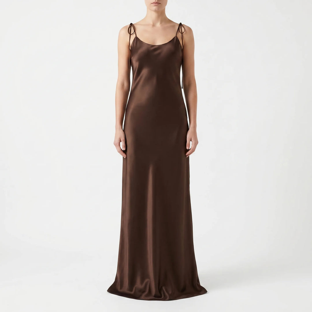 Minimalist floor-length backless slip dress for women, ideal as a sophisticated evening gown or formal attire.